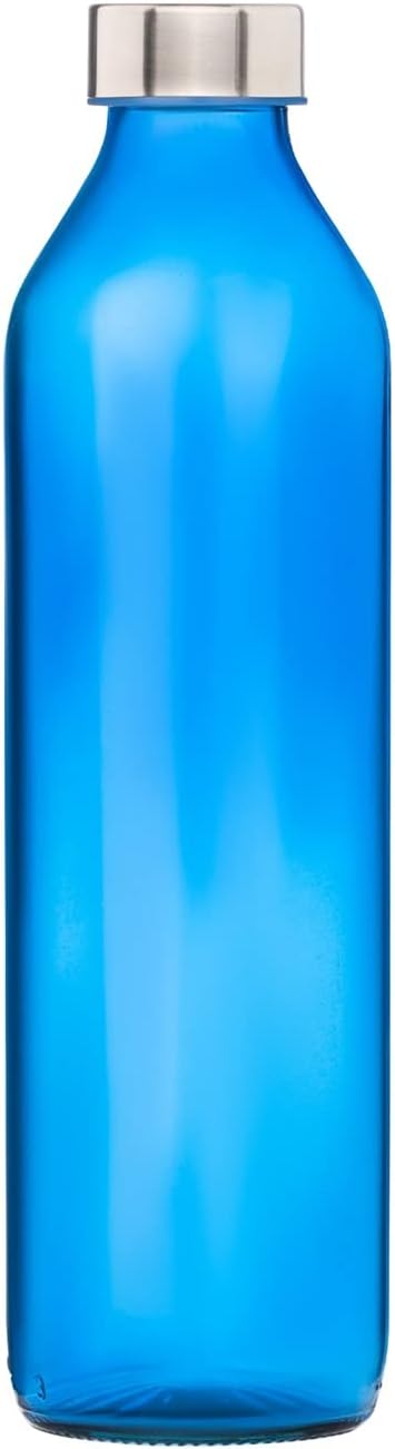 SAND DUNE Set of 1, 800 ml Each Blue Glass water bottle, with Leak-Proof Airtight Stainless-Steel Lid for Water, Smoothie, Juices - Reusable Travel Glass Drinking Fridge Bottles