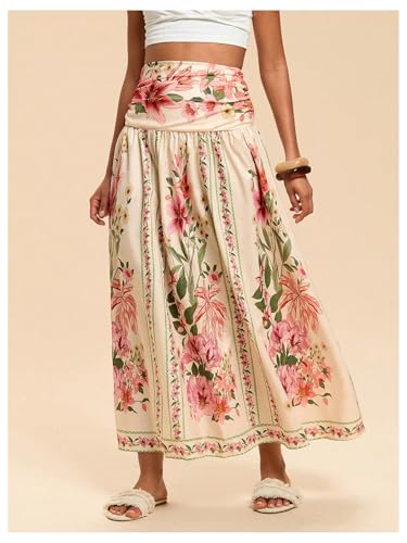 MakeMeChic Women's Floral Maxi Skirt High Waist Ruched Ruffle Shirred Flare Boho Skirts2