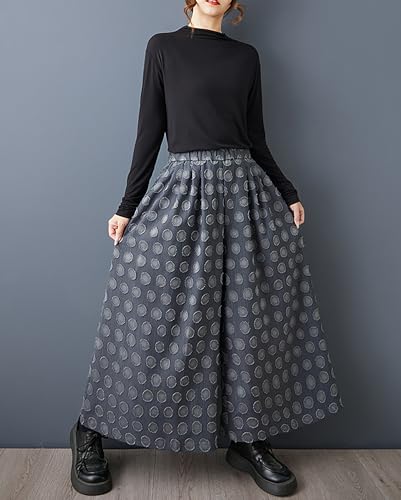 ellazhu Women's Pants Solid Polk Dot Two Side Pockets Wide Leg Elastic Waist Fashion Casual Plus Size Maxi Loose GZ5932