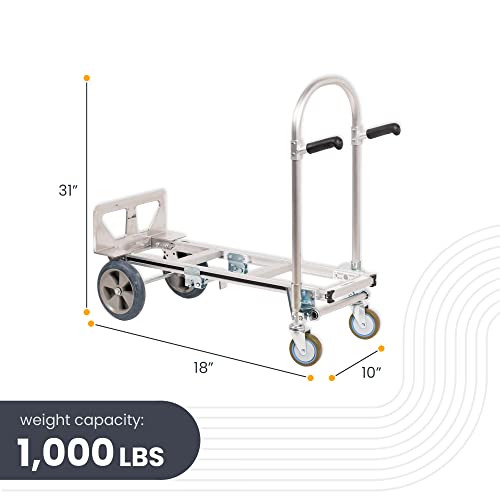Junior Heavy Duty Convertible Hand Truck with Double Grip Handles-Aluminum Dolly Cart for Moving- 1,000 LB Capacity-Converts from Hand Truck to Platform Push Cart-52 Lx41 Wx44 H (Assembled)