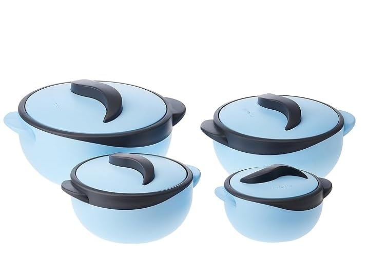 4pc Round Heat Insulated Food Storage Hot Pot Food Warmer/Cooler with Lid–Thermal Soup/Salad Serving Bowl- Stainless Steel Hot Food Container Best Gift Set Holidays Pinnacle Parisa (Matt Blue)