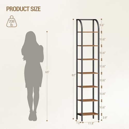 Hzuaneri Bookshelf Narrow Bookcase, Tall Storage Rack with Steel Frame, Display Standing Shelf Unit, Skinny Book Shelf for Study Living Room, Home Office, Industrial, 7-Tier Rustic Brown BC57701B - Thumbnail 2