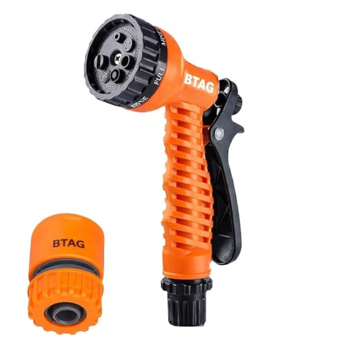 Image of Btag 7-Pattern Garden Spray Gun Hose Nozzle with Adjustable Trigger Handle, Water Spray Nozzle for Car Wash, Lawn & Garden Watering - with Orange Connector (SPRAY001 Orange)