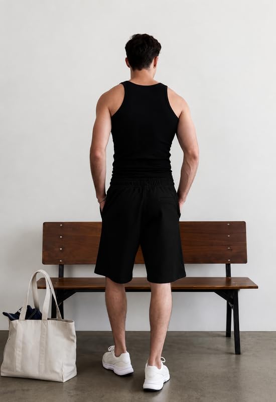Image of Men's Solid Cotton Lounge Shorts | Premium Soft Breathable Casual Shorts with Elastic Drawstring Waist | Regular Fit Above Knee for Home, Gym & Travel
