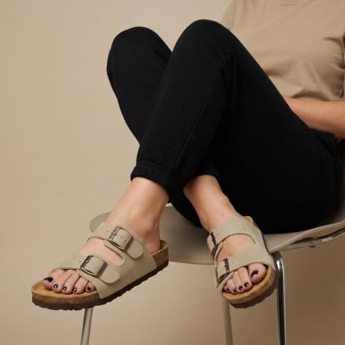 Image of CUSHIONAIRE Lane Cork Footbed Womens Sandals Comfortable Double Buckle Slip On Sandals for Women with Arch Support and Classic Two Strap Design