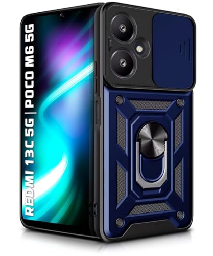 Image of WOW IMAGINE Tough Armor Bumper Mobile Back Case for Mi Redmi 13C 5G | Poco M6 5G | Sliding Camera Shield Cover | Shock Proof 360 Protection | Hybrid PC + TPU | Ring Holder with Kickstand - Blue