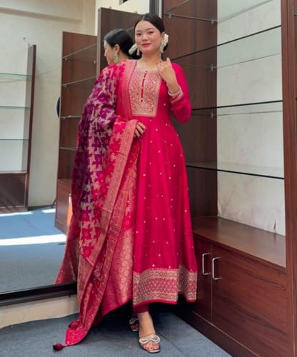 Image of by Pink Anarkali Flared Kurti Pant Dupatta Suit Set.