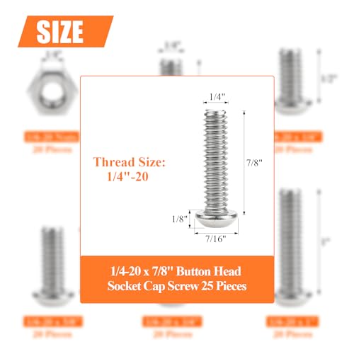 Image of 25 Pieces 1 /4-20 x 7 /8 inch Button Head Socket Cap Screws Bolts, HELIFOUNER 304 Stainless Steel (18-8) Screws, Bright Finish, Fully Threaded