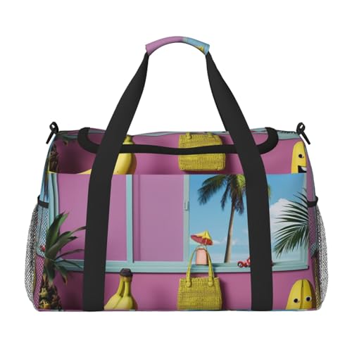 Monstera Deliciosa Banana Palm Print Travel Duffle Bag - Foldable Personal Item Travel Bag for Women & Men,13x10.2x19.7