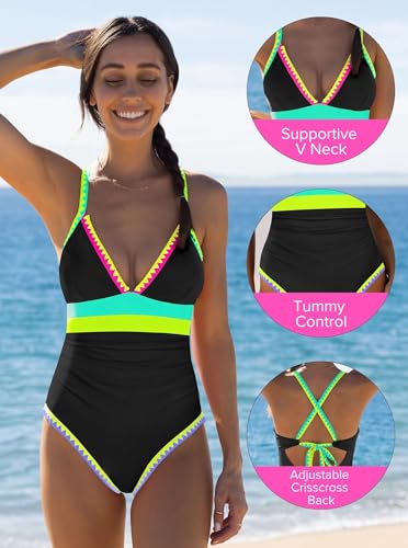Image of popvil Women One Piece Swimsuit Colorblock Ruched Bathing Suit | Adjustable slider straps, Multi neon trim, Long torso, Detachable padding, Quick dry fabric, Beach Vacation