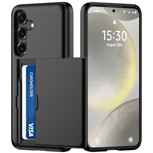 Coque pour Samsung Galaxy S24 Plus avec Porte Carte, Silicone TPU Étui de téléphone, Antichoc Housse de Protection Bumper Cover Anti-Rayures Case Coque Portefeuille Fente Cachée Coulissante, Noir