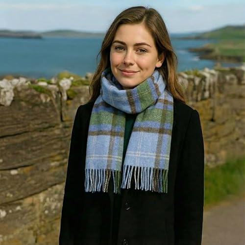 Image of Biddy Murphy 100% Irish Wool Scarf for Women & Men, Soft & Warm, Plaid Light Blue Green Check Tartan, 12 inch x 60 inch