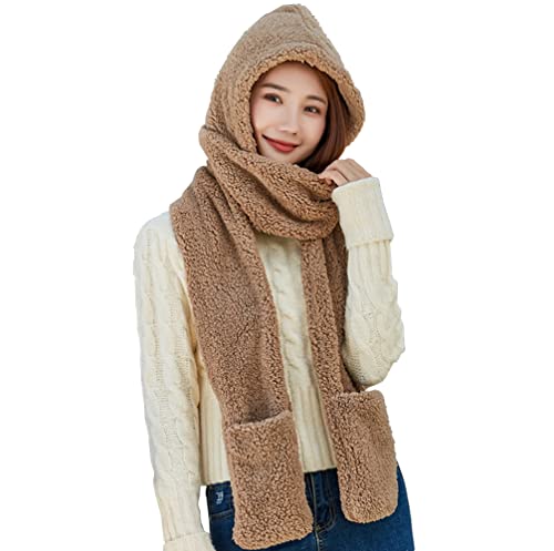 Warme Damen-Kapuzenpullover, Mütze, Schal, Handschuhe, Set aus weichem Fleece, Siamesische Kapuzenhandschuhe mit Handschuhtaschen, weicher Plüsch(Khaki)