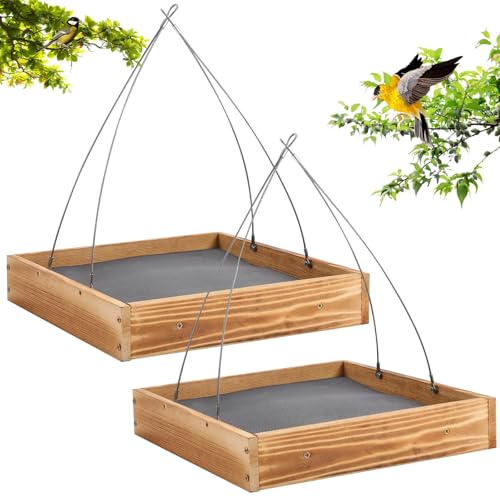 2 Pack Heavy Duty Cedar Platform Tray Birdfeeder-Stainless Steel Cable Mesh Bottom .Hanging Wild Birdfeeder Trays for GardenOutdoors -Longtime Weatherable 3/4(DIY Assembly Required)