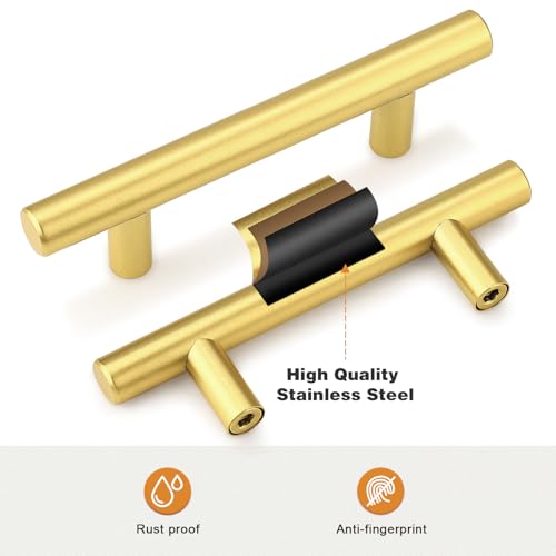 Image of Probrico 5 Pack 3 Inch Center-to-Center Kitchen Cabinet Pulls T Bar Gold Cabinet Handles Modern Drawer Hardware Dresser Pulls, 5 Inch Total Length