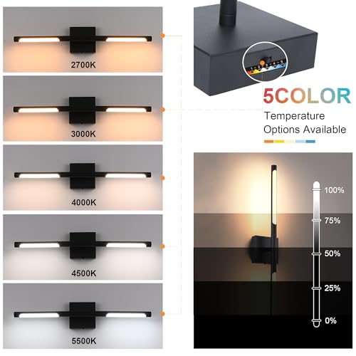 Image of TODOLUZ 24-Inch 5CCT LED Bathroom Light Fixture, 12W Black Wall Sconce Vanity Lighting Rotatable Tube for Over Mirror Mural, 2700K-5500K