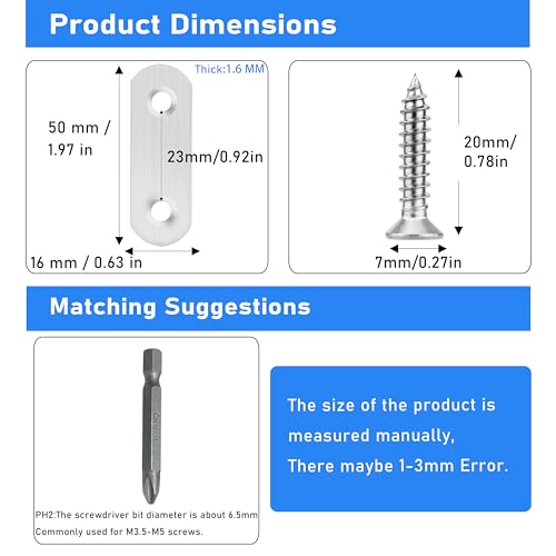 Image of 16 Pack Flat Plate Straight Brackets 50MM Stainless Steel Flat Metal Braces,Repair Bracket with Screws