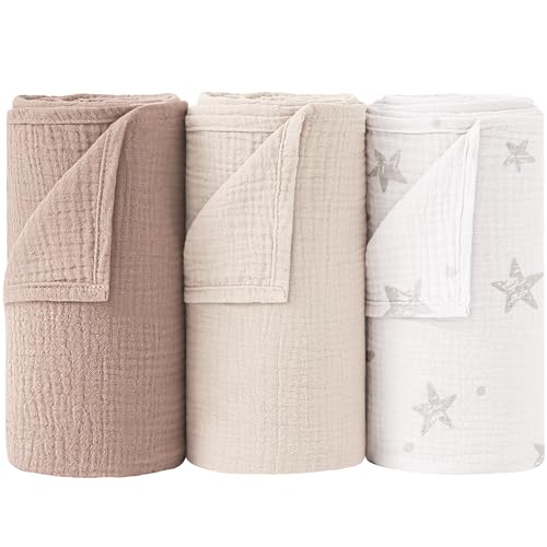 Image of Bearmoss Muslin Swaddle Blankets, 40 x 38 inches Baby Swaddle for Boys and Girls, Soft Baby Blanket, 3 Pack Breathable Nursery Receiving Blankets (Beige Star)