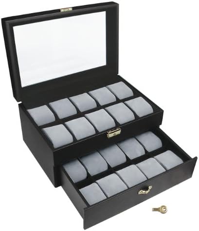 Ikee Design Deluxe Black Watch Display Case With Key Lock, Clear Glass Top, 20 Watch Holders
