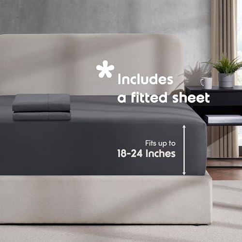 Image of Hearth & Harbor Dark Grey Duvet Cover with Fitted Sheet Cal King Size | 4 Piece Soft Double Brushed Bedding Set, Button Closure, 1 Duvet Cover 104x98 Inches, 1 Fitted Sheet, 2 Pillow Shams