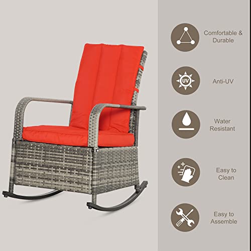 Outsunny Outdoor Rattan Wicker Rocking Chair Patio Recliner With Soft Cushion, Adjustable Footrest, Max. 135 Degree Backres, Red #TOP3