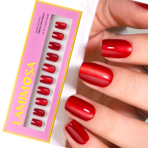 LAMIMOSA 32Pcs Red Cat Eye Press On Nails Short Square, Nail Kit,...