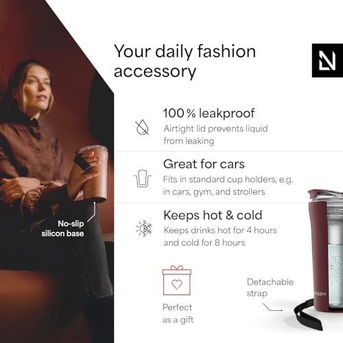 Image of LARS NYSOM Thermo Coffee Mug to go with Strap 17oz | Travel Mug 0.5 Liter with Insulation | Leak Proof Stainless Steel Thermal Tumbler for Coffee and Tea to Go (Berry Red, 17oz)