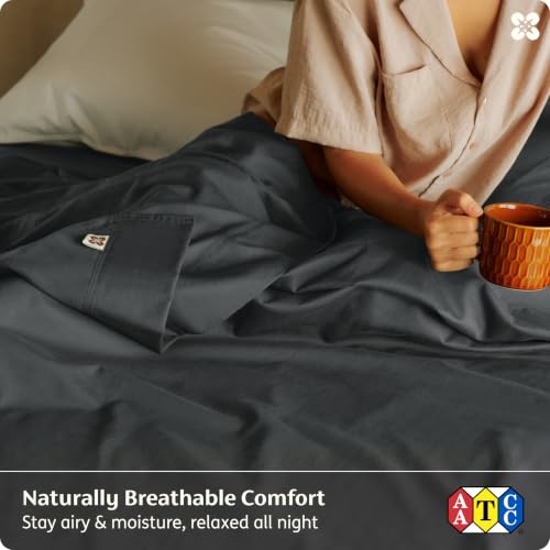 Image of Bedsure PureWoven 100% GOTS Organic Cotton Sheets, California King Size | Eco-Friendly, 17 inch Deep Pocket with Corner Straps, Luxury Hotel Soft, Breathable & Durable Sateen Bed Sheets, Charcoal