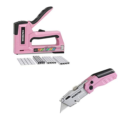 WORKPRO Pink Staple Gun, 6-in-1 Manual Brad Nailer with 4000-Pieces Staples and Pink Folding Utility Knife, 12 Extra Blades Included