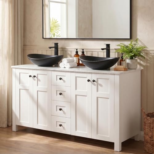 SOLIDEE 48" Bathroom Vanity with Sink, White Modern Freestanding Bathroom Vanity Cabinet with Marble Texture Top and 4 Drawers, Two Black Boat Ceramic Vessel Sinks