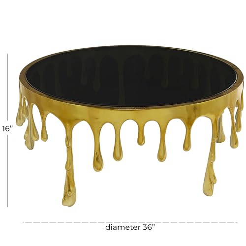 Image of Deco 79 Aluminum Metal Living Room Coffee Table Drip Table with Melting Designed Legs and Shaded Glass Top, Center Table 36 inch x 36 inch x 16 inch, Gold