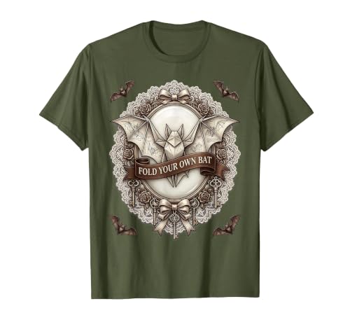 Halloween Bat Origami Fold Pattern Design T-Shirt, Men, Olive Green, Medium