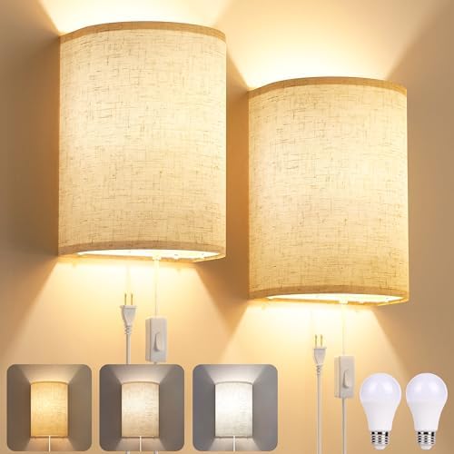Plug in Wall Sconces Set of Two: Wall Lights with On/Off Switch -...