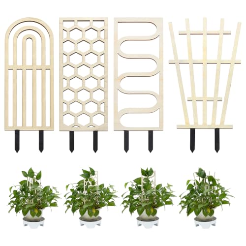 FINGERINSPIRE 4 PCS Indoor Plant Trellises 4 Styles Blanched Almond Wooden Houseplant Trellis for Indoor Climbing Plants Mixed Shape Garden Trellis Plant Support for Ivy Flowers Outdoor Potted Plants