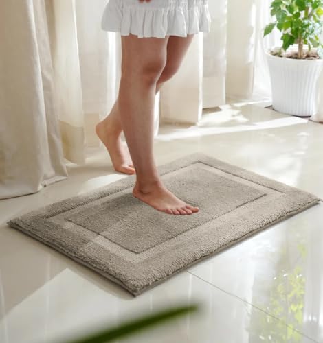 Paudha's Classic Knitted Border Foam Padded Bathmat 20x30 Inch, 2100 GSM Ultra Soft, Super Absorbent, Quick Dry, Germ-Lock Protection, Anti-Skid, Machine Washable Bath Rug, Almond Haze