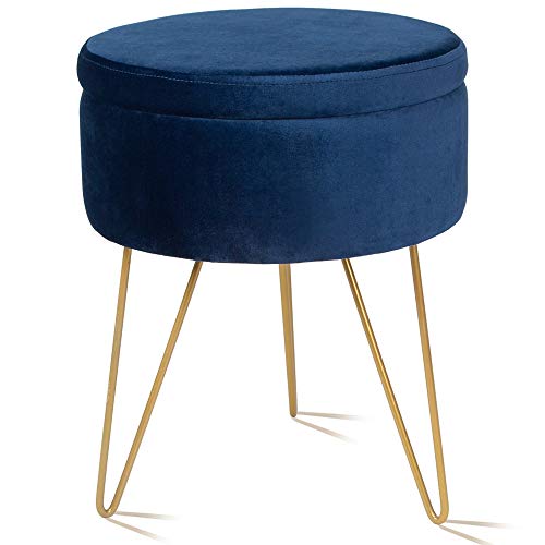 Velvet Storage Footrest Stool Dressing Upholstered Vanity Chair Round Ottoman with Golden Metal Legs for Home Living Room Bedroom, Blue