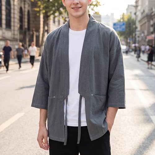 Image of Haseil Men's Kimono Cardigan Japanese Jackets Casual Cotton 3 /4 Sleeve Shirt Open Front Coat Lightweight Linen Outwear