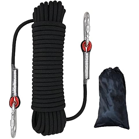 Outdoor Climbing Rope Diameter 10mm Outdoor Static Rock Climbing Rope, High Strength Cord Safety Rope Braid Nylon Rope, Escape Rope Fire Rescue Parachute Rope with 2 Carabiner, Black Length 20m Cover