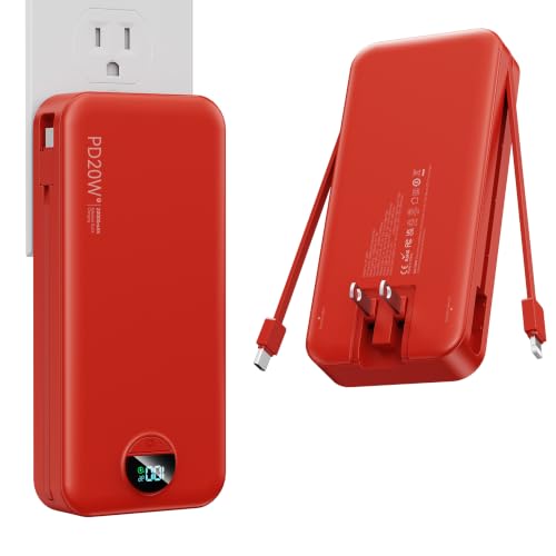 Image of Nusyddy Portable Charger 20000mAh PD20W w /Built-in Cables & Wall Plug Red | PD20W Fast Charging, High Capacity, LED Display, Charge 5 Devices at once, TSA Approved, Compatible with iPhone /iPad /Samsung