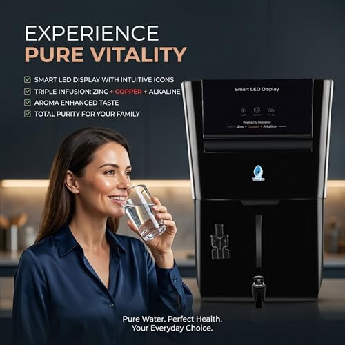 Image of Aroma RO Water Purifier | RO+UV+UF+TDS Adjuster | Zinc + Copper + Alkaline | 12L Storage | Smart LED Display | Borewell, Tanker & Municipal Water [BLACK]