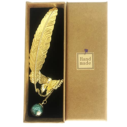 Metal Feather Bookmark, Golden Bookmarks With 3D Butterfly Blue Pendant For Women, Teacher Book Lover Librarian Readers Mom Lady Female, Great Gift For Birthday #TOP1
