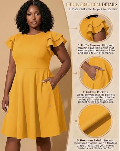 Image of IyMoo Women's Plus Size Cape Flutter Sleeve Stretchy A Line Swing Flared Skater Cocktail Party Dress with Pockets