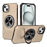 iPhone 15用磁気携帯電話ケース、360°回転ブラケット磁気電話ケース、ワイヤレス充電対応ゴールド。