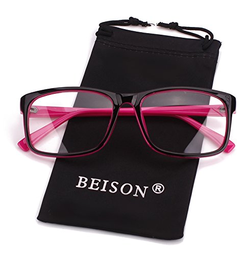 BEISON Womens Mens Glasses Frame Nerd Eyeglasses Clear Lens (Black/Pink, 54)