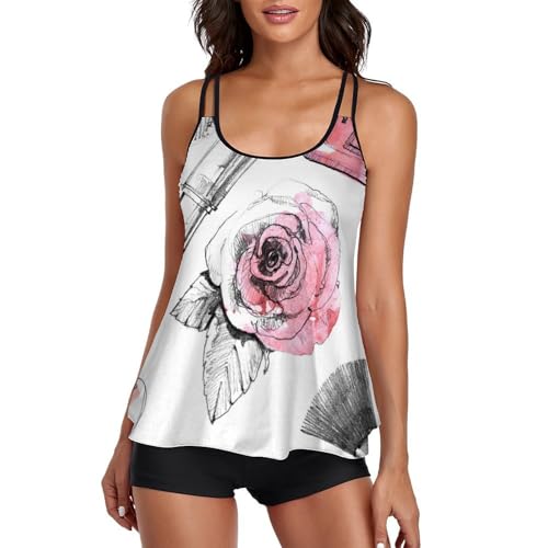 Ensembles bikini tankini avec short de garçon imprimé fleurs rouge à lèvres femme