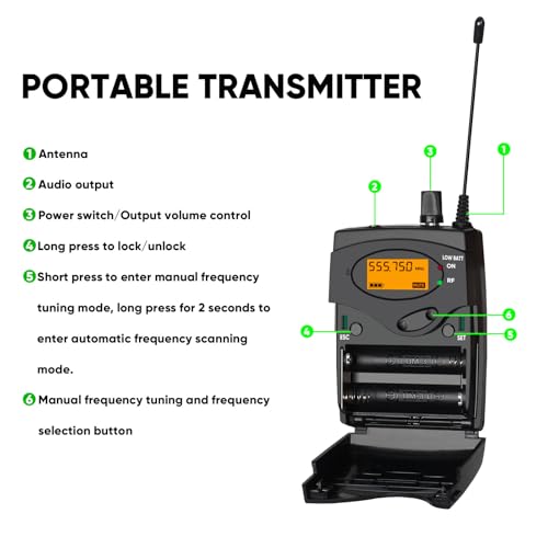 Image of Wireless in Ear Monitor System, PRO UHF IEM System Mono with Metal Rack Mountable Transmitter, 1 Bodypack Receiver with Earphone, 100 Adjustable Frequencies, 262ft Operation for Singers Bands