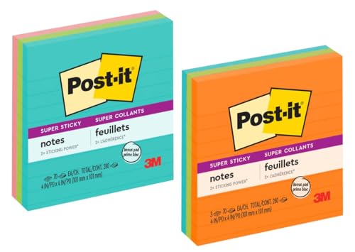 Image of Post-it Super Sticky Notes, 4 in x 4 in, Assorted Bright Colors, Lined, 3 Pads /Pack | School Supplies and Office Supplies, 2X the Sticking Power