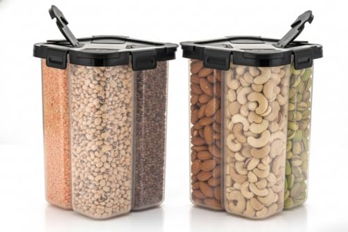 Image of Swaze Multipurpose Plastic 4 In 1 Masala Box for Kitchen, Spice Boxes for Kitchen, Transparent 4 Section Storage Containers Airtight Lock Grocery,Cereal,Dry Fruits Dabba 2000 ML (Black)