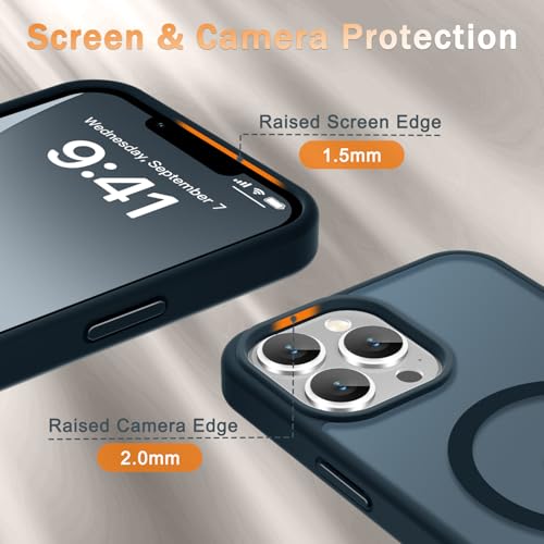 Image of YENAPOON for iPhone 13 Pro Max Case, Matte Magnetic Phone Cover [with 1 Screen Protector] [Support for MagSafe] [Shockproof Military Grade Protection] Translucent Frosted Back, Navy Blue