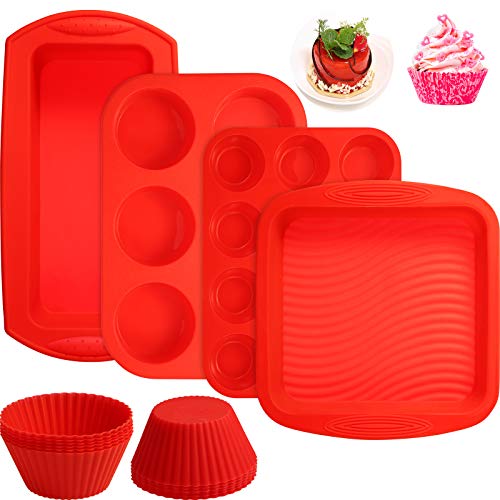16 Pieces Silicone Bakeware Pan Set Include 12 Pieces Cupcake Liners Muffin Cupcake Cups 6 Cavity Muffin Pan Mould 12 Cavity Muffin Pan Mould Square Silicone Cake Mould and Rectangle Mould